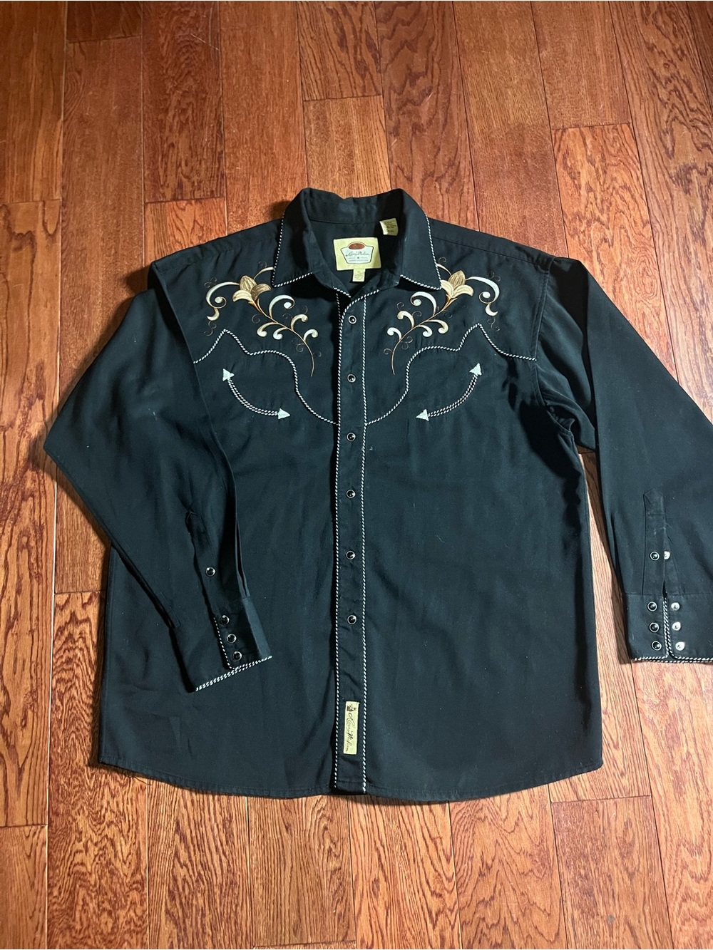 Larry Mahan Black Western Shirt, Tan & White Embroidery.pearl snap bottoms